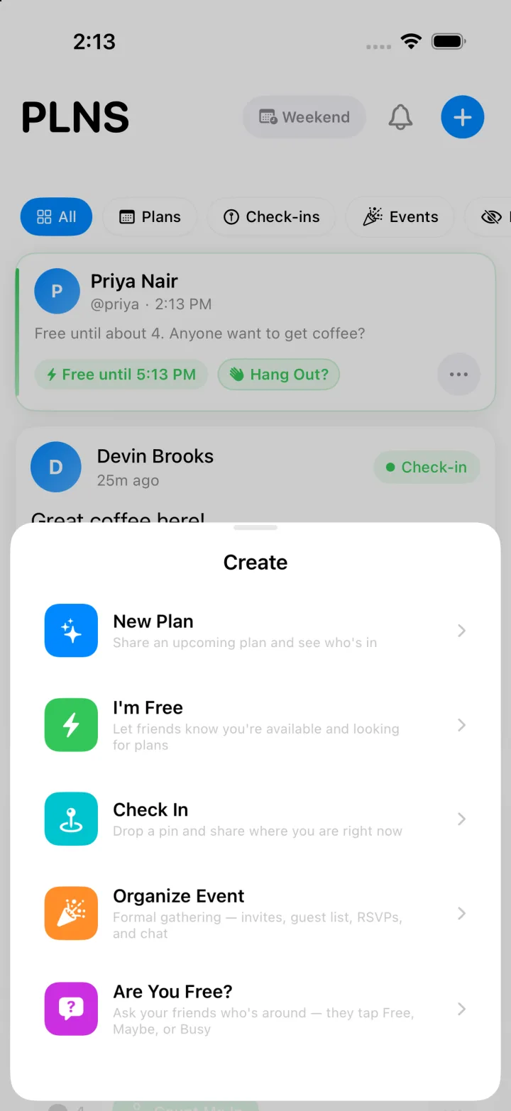 PLNS create menu with options for a plan, an I'm Free post, a check-in, an event and an Are You Free question