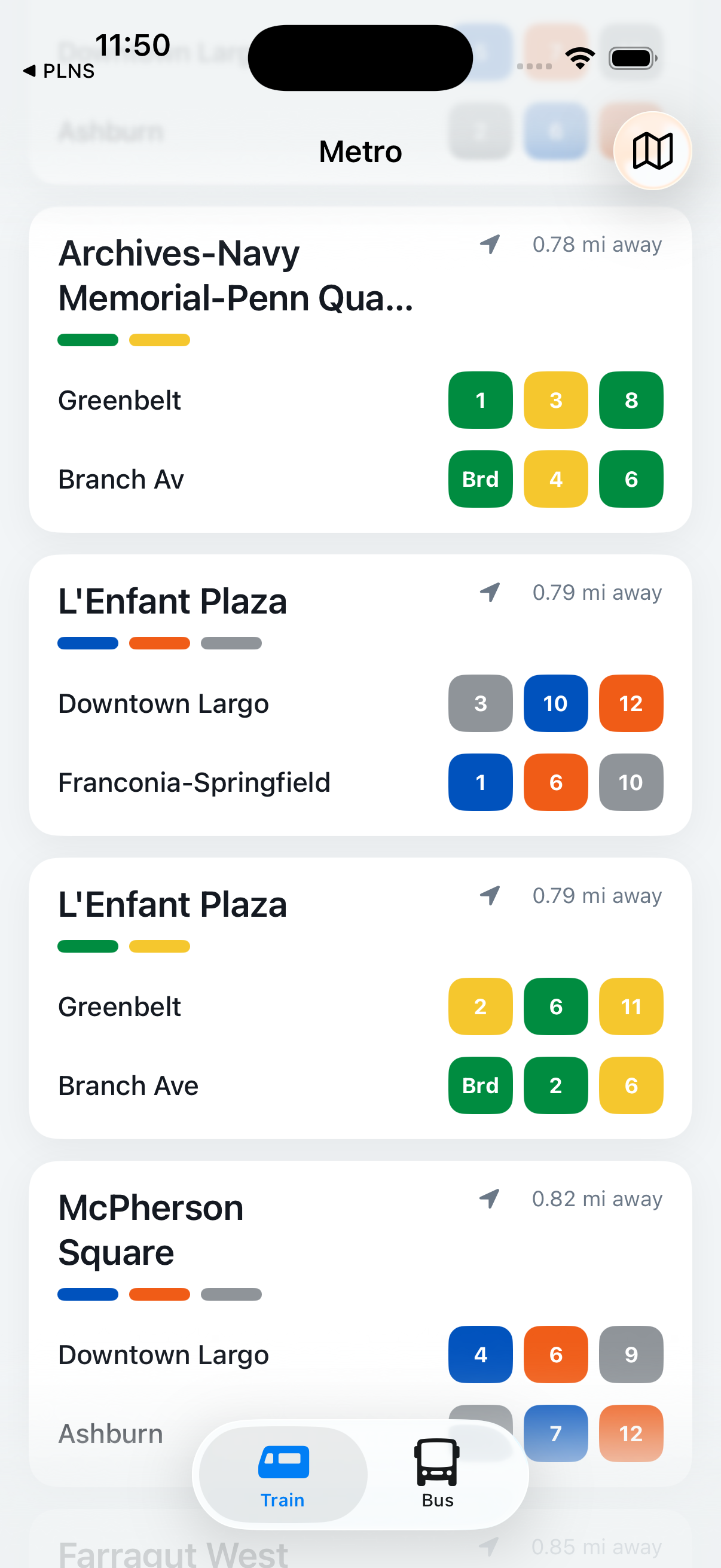 Nearby station list showing Archives, L'Enfant Plaza, and McPherson Square